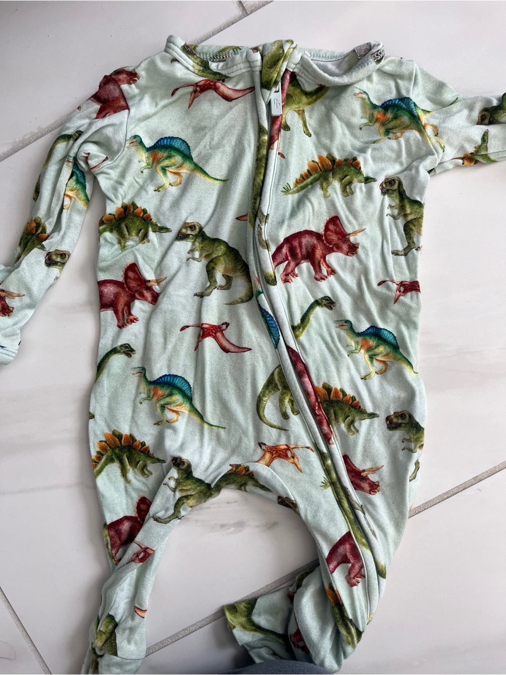 Posh Peanut Mint Dinosaur Print Footed Pajamas with Multicolor Dinosaurs